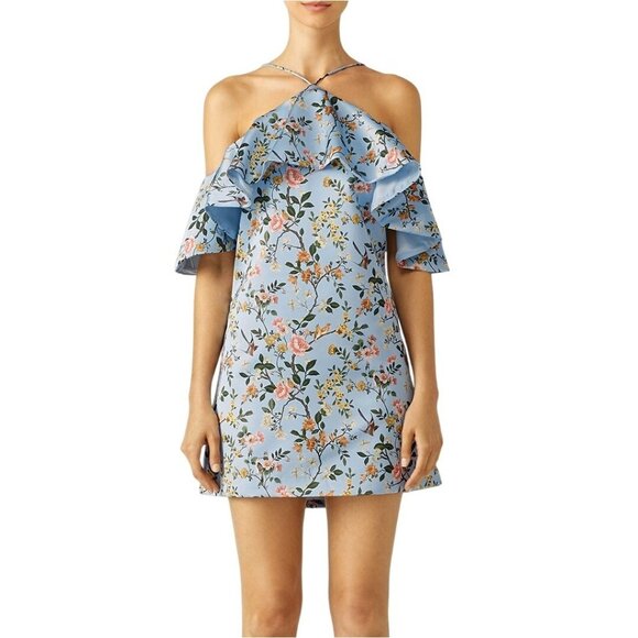 Amur Blue Floral Ruffle Off-Shoulder Mini Dress Size 2 - Picture 3 of 11